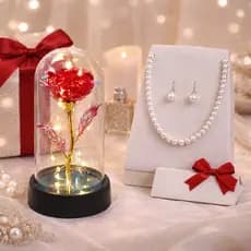 KIT PRESENTE Rosa Encantada Vermelho + Colar e Brincos de Pérolas Elegantes – Ideal para Surpreender