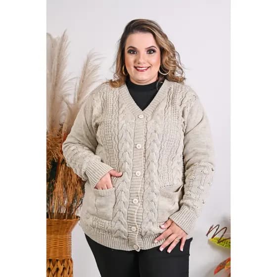 Casaco Plus Size com Bolso Tricot Lã Feminino Sueter Manga com Bolinhas Alto Relevo inverno2421