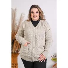 Casaco Plus Size com Bolso Tricot Lã Feminino Sueter Manga com Bolinhas Alto Relevo inverno2421