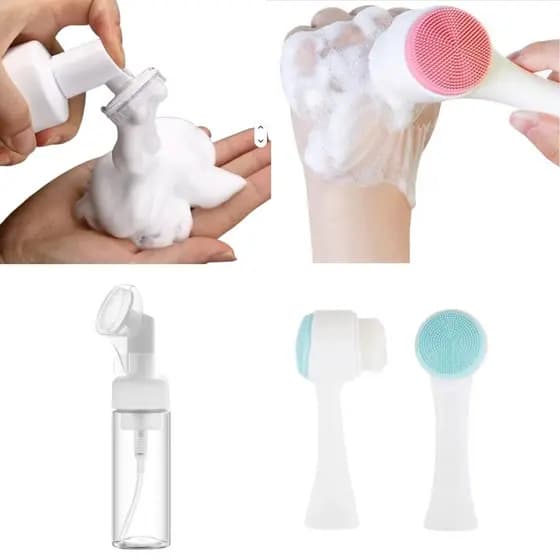 Kit Limpesa Rosto Maquiagem - 1 Frasco Espumador Pump Silicone + 1 Escova de Limpeza Facial Silicone Esfoliante Dupla Fa