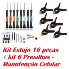 Kit Completo Manutenção de Celular 16 Peças Chaves Precisão + 6 Presilhas Fixação LCD