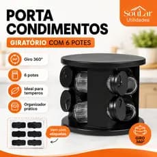 Porta Condimentos Giratório 360 com 6 Potes de Vidro Tampa Dosadora Temperos Armazenar Comida
