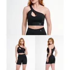 CONJUNTO ACADEMIA FEMININO TOP UM HOMBRO SO E SHORT CINTURA ALTA EM SUPLEX.
