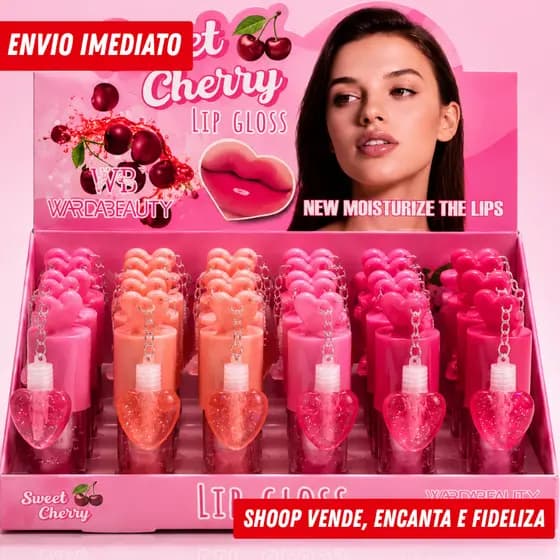 Box Fechado Sweet Cherry Lip Gloss Wardabeauty com Chaveiro | Hidratante e Brilho -  24 Unidades