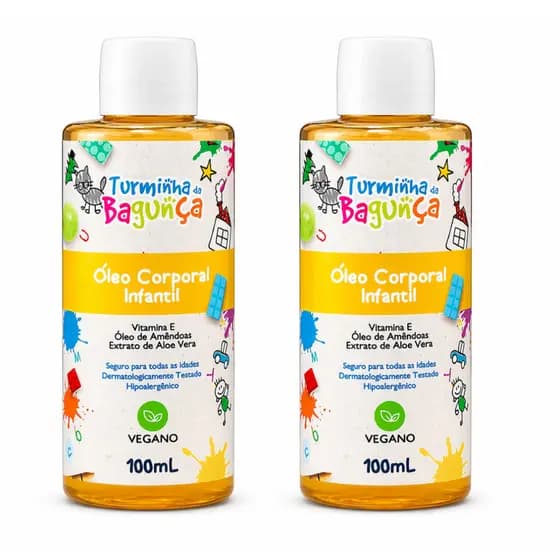 Kit 2 Óleo Corporal Infantil Turminha Da Bagunça 100 ML Hidratante Vegano Hipoalergênico Óleo de Amêndoas Vitamina E
