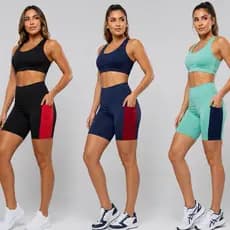 Kit 3 Shorts Feminino Suplex Cintura Alta Com Bolso Academia Fitness Treino Caminhada Compressão Confortável