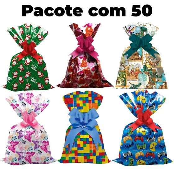 Kit 50 Saco de Presente Natal Festa Aniversario Infantil Masculino Feminino