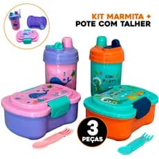 Kit Marmita Infantil + Pote com Talher e Garrafinha 3 Peças Escolar
