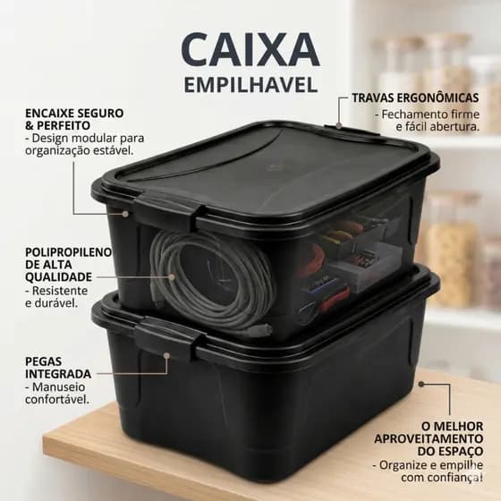 Kit 2 Caixa Organizadora 15 Litros Grande Empilhável C/Travas na Tampa Multiuso