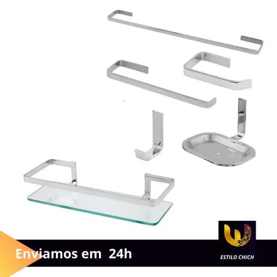 Kit acessórios para banheiro, Toalha , Parde, peça inox e Alumínio Com Porta  Sampoo Reto 7 peças