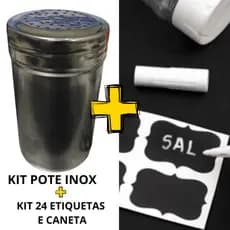 Kit de Etiquetas Adesivas em Vinil Preta 5x3 cm + Caneta Branca de Giz Líquido + Porta Tempero Inox