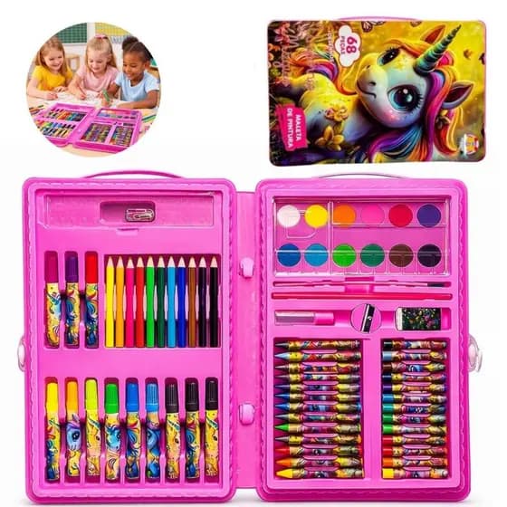 Estojo Maleta Escolar Infantil 68 Peças + Desenho P/ Pintura