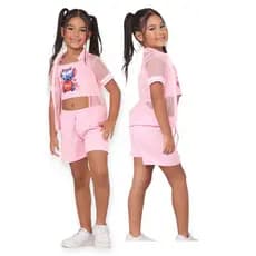 Conjunto Infantil Feminino Verão  3 Peças Blusa Cropped Short Stitch Roupa Menina