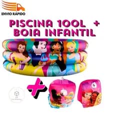 Kit piscina 100L e Par De Bóia De Braço Infantil princesas Menina Rosa