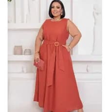 Vestido Longo Feminino Plus Size Linho Sem Mangas  Lastex nas Costas e Cinto Removível Conforto e Estilo