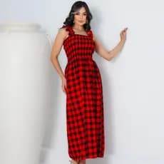 Vestido Midi Tecido Crepinho Feminino Xadrez De Alça e Lastex - Tecido Crepinho