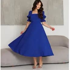 Vestido Midi Feminino Azul Royal Elegante Manga Princesa Bufante Moda Evangélica Executiva Convidada Casamento