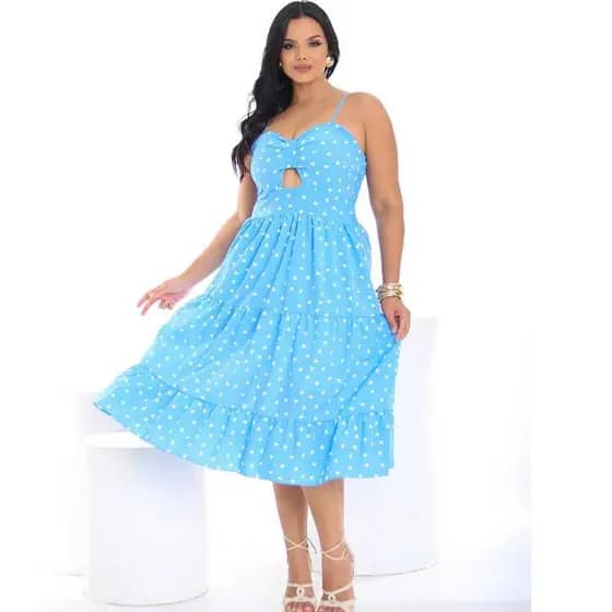 Vestido Feminino Midi Azul Bebê  Com Bojo, Lastex e Alças Ajustáveis em Tecido Crepinho