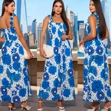 Vestido Longo Feminino  Tecido Crepinho  Estampa Florido com Alça larga  e Lastex