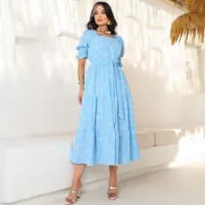 Vestido Femenino Tecido Duna Estanpado  Midi Elegante Saia Três Marias, Lastex Na Parte Traseira e Nas Mangas