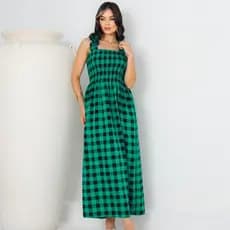 Vestido Midi Feminino Xadrez De Alça e Lastex - Tecido Crepinho