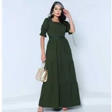 Vestido Feminino  Longo Tecido Duna Onda com Manga Princesa e Renda Frente Lastes Nas Costas e Manga