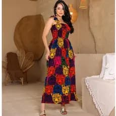 Vestido Longo Estampa Onça Colorida - Modelo Com Lastex  Na Frente E  Costas Alças Com Babado