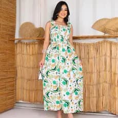 Vestido Longo Tropical Verão: Estampa Tucanos e Folhas