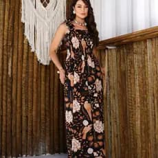 Vestido Longo Estampado Floral e Pássaros - Lastex no Busto e Alças com Babados 🌟