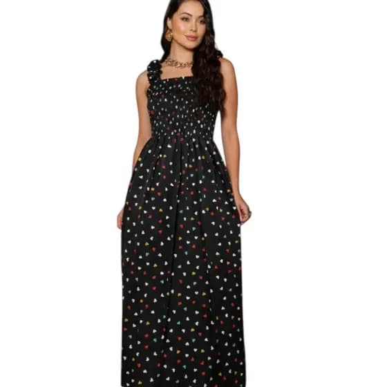Vestido Longo Feminino Estampa De Coraçones Lastex no Busto Alça Babado Tendência Verão Boho