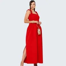 Vestido Longo Elegante Vermelho Festas Natal Réveillon Tecido  Alfataria  Fenda Alça Babado Groça 🎄