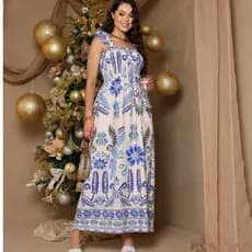 Vestido Longo Boho Chic Azul e Off-White  Perfeito para Festas de Fim de Ano