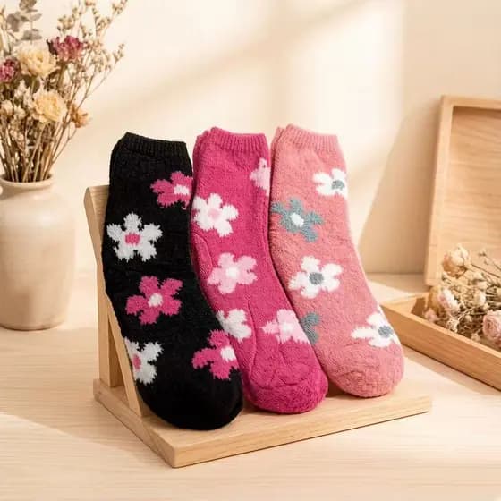 3 pares, 6 pares, 12 pares de meias de pelúcia com estampa de flores fofas