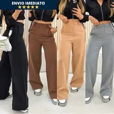 Calça Wide Leg Feminina Alfaiataria Cintura Alta Premium Com Bolso Pantalona Social Blogueira