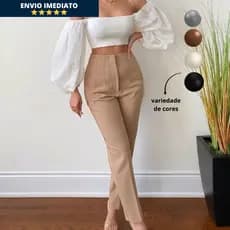 Calça Alfaiataria Feminina Cintura Alta Com Ziper Social Slim Fino Elegante Empresaria Blogueira