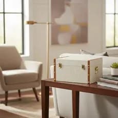 Baú Decorativo Em Couro Ecológico Creme 36cm Luxo Caixa