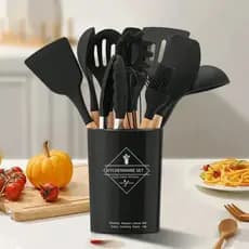 Kit 12 Utensílios de Cozinha em Silicone com Cabo de Madeira – Resistente ao Calor, Antiaderente