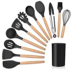 Conjunto Kit 12 Peças de Utensílios Silicone Cozinha Livre BPA Cabo Madeira Antiaderente