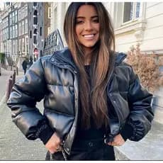JAQUETA PUFER COM CAPUZ  JAQUETA DE INVERNO FEMININA CASUAL JAQUETA EM PU