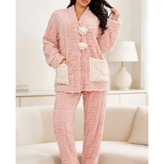 Conjunto Pijama FEMININA Fleece TED SOFT QUENTINHO INVERNO ESTILO COREANO Aberto Com BOTAO DETALHE URSINHO-5675