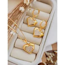 Conjunto Coração Folheado a Ouro 18K com Zircônias – Colar e Brinco Feminino