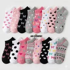 Kit 24 Pares de Meias Soquete Cano Curto Adulto Feminina Cores Delicadas com estampa