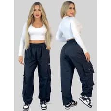 CALÇA CARGO PARACHUTE STREETWEAR SKATE UNISSEX PRETO OVERSIZED