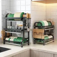Escorredor Duplo de 16 Pratos e Louças Preto Pia Cozinha Porta Talher  Organizador  Louças Rack