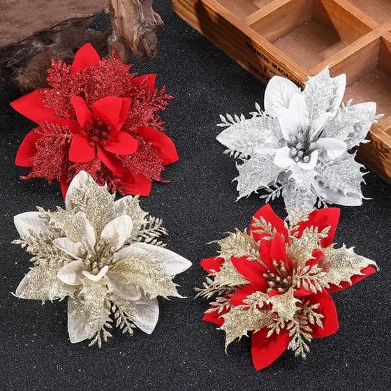 20 PCS Flores Artificiais Decoração Flores Natal Glitter Falsas Feliz Decorações árvore de Natal