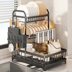 Escorredor de Louça Rack Preto 2 Andares Aço,Escorredor METAL De Louça Cozinha Pratos e Talheres