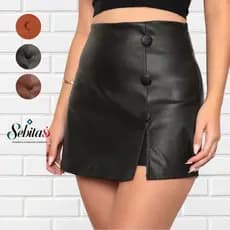 Short Saia Courino Feminino Couro Botão Forrado Cintura Alta P M G GG