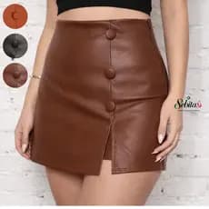 SHORT COURO FEMININO BOTÕES FORRADO ZÍPER LATERAL SAIA COURINHO