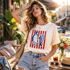 Camiseta Estampada Feminina Delicada Casual Sardinha Peixe Listrado Algodão Estilosa Moderna