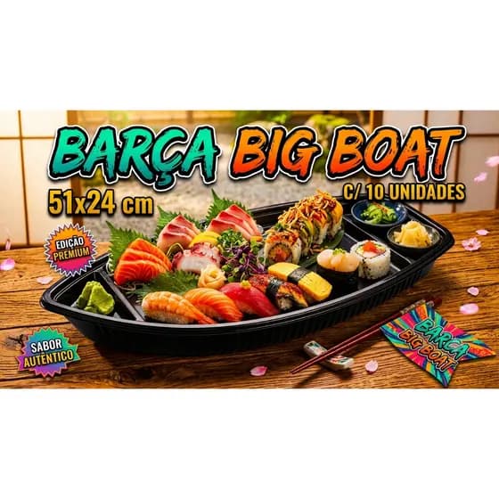 Barca Grande para Delivery Sushi Lanches Açaí Super Big Boat com Tampa 51x24cm Kit 10 Unidades